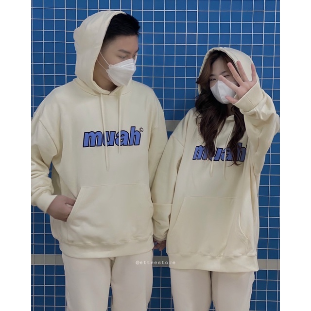 Áo hoodie ET.TEE vải nỉ lót lót da cá màu xám kem freesize thêu Muah A1882 | BigBuy360 - bigbuy360.vn