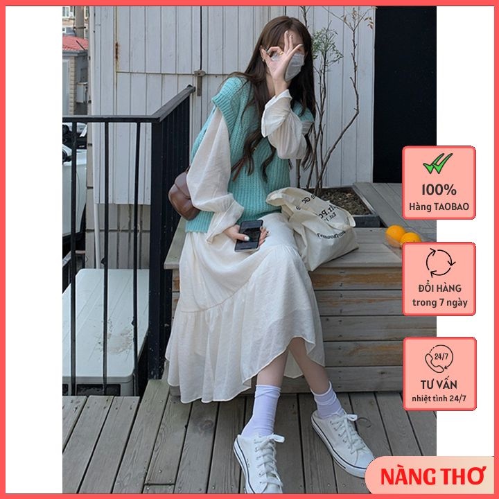 Set Bộ Thu Đông: Áo Gile Len Xanh Dương Mix Váy Tiểu Thư Cổ Tim Viền Bèo