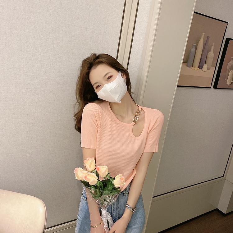 Áo thun ZHELIHANGFEI dệt kim ngắn tay eo cao thiết kế lệch tà cá tính