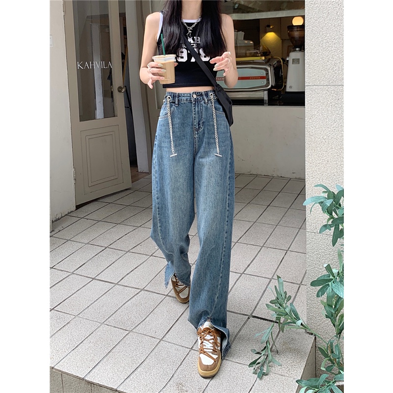 Quần jean ống rộng lưng cao xẻ tà phối dây xích thời trang Hàn Quốc dành cho nữ