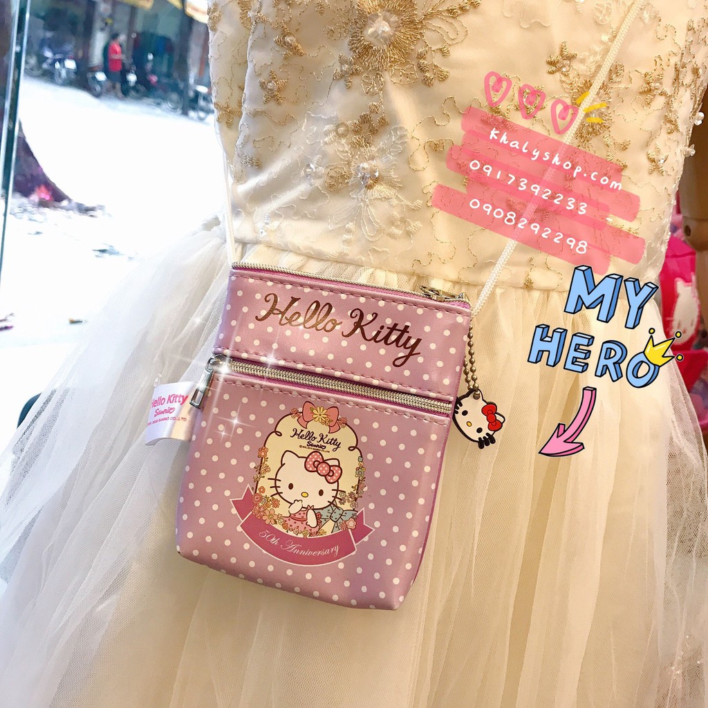 Túi đeo chéo hình mèo Hello Kitty chấm bi 2 ngăn màu tím dành cho bé gái (Thái Lan) - 1403KT0050265 (12x10cm)