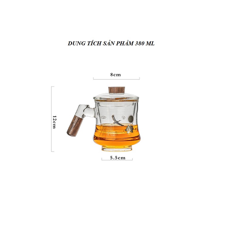 BÌNH, LY CỐC THỦY TINH PHA TRÀ CÓ LÕI LỌC VÀ NẮP ĐẬY HỌA TIẾT HẠC TIÊN (DUNG TÍCH 380 ml)