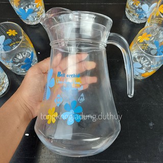 Bộ bình ly thủy tinh hoa văn ngẫu nhiên gồm bình nước 1300 ml và 6 ly thủy tinh 350 ml đáy kiểu múi