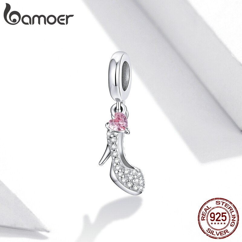 Hạt Charm Gắn Vòng Tay Bamoer Hình Giày Cao Gót Thủy Tinh Gắn Tim Màu Hồng Bằng Đá Zircon Nguyên Bản BSC411