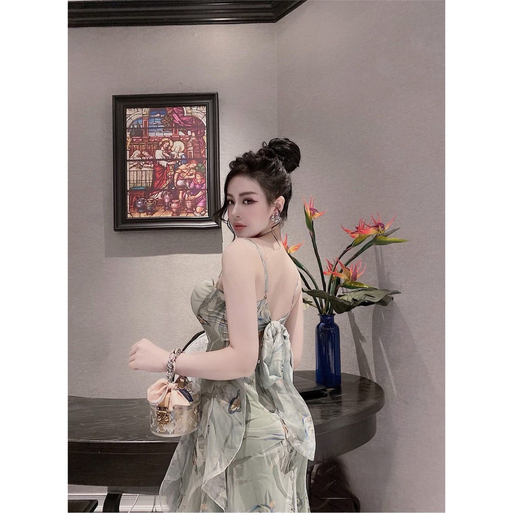 Đầm Maxi 2 Dây, Đuôi Bèo Xòe, Chíp Eo Nơ Lưng, Họa Tiếc hoa (ECH005) - Vải Voan - 2 Màu Xanh, Nude - Thích hợp Đi Chơi | BigBuy360 - bigbuy360.vn