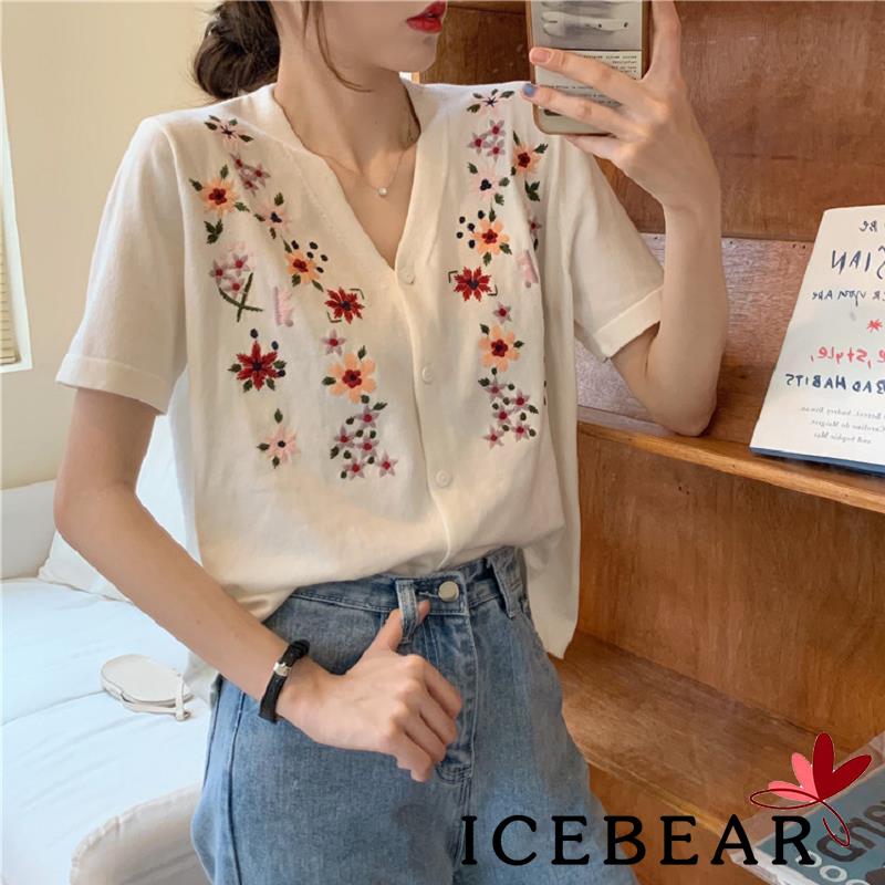 Áo Nữ Ngắn Tay Cổ Chữ V Thêu Hoa Thời Trang