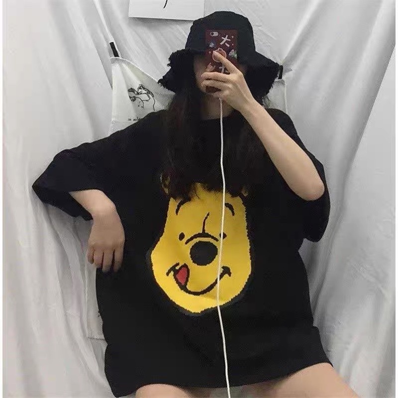 [Rẻ vô địch] Áo thun cotton tay lỡ dáng rộng unisex gấu pooh freesize 38-65kg