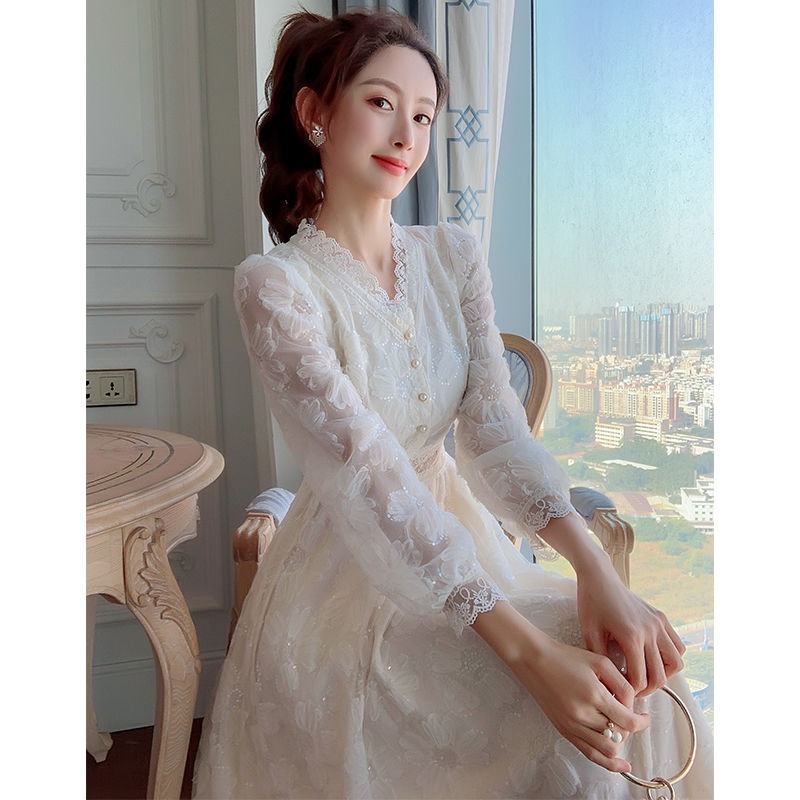 Đầm midi tay dài cổ chữ V họa tiết hoa màu trắng thời trang thanh lịch cho nữ 2022