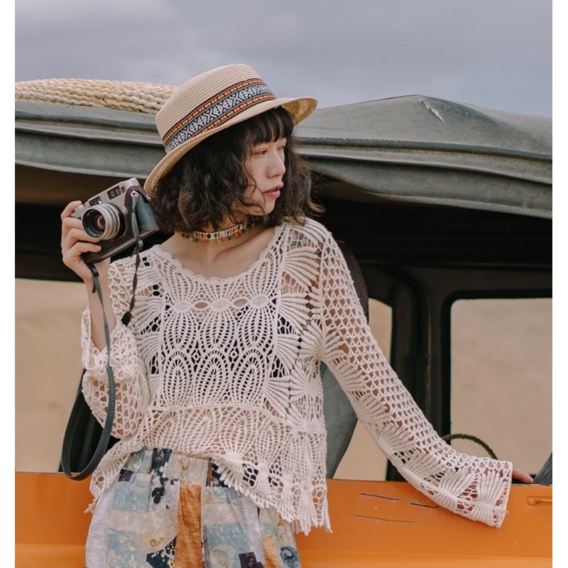 Mũ ngắn vành bohochic hoạ tiết độc đáo phụ kiện du lịch vintage