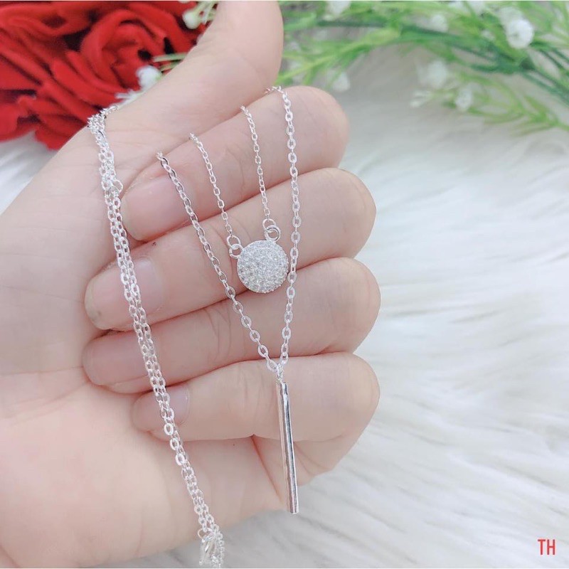 Dây chyền kép choker thanh bạc ta nạm đá (ảnh thật)