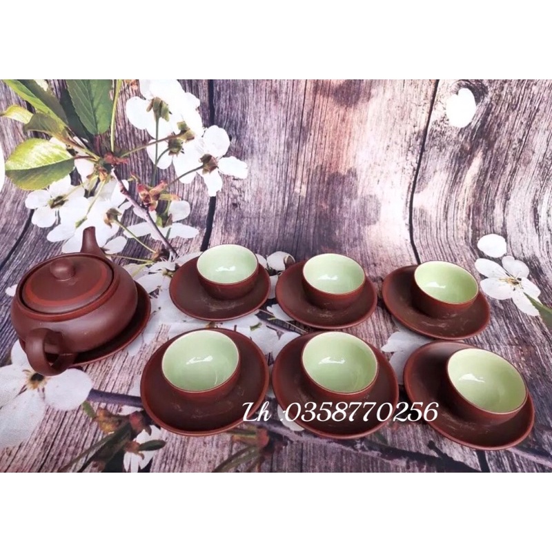 Gốm sứ Bát Tràng-Ấm chén tử sa,đất nung đỏ-Bộ trà đạo,dáng bẹt(bộ không đi kèm 2 món phụ kiện)