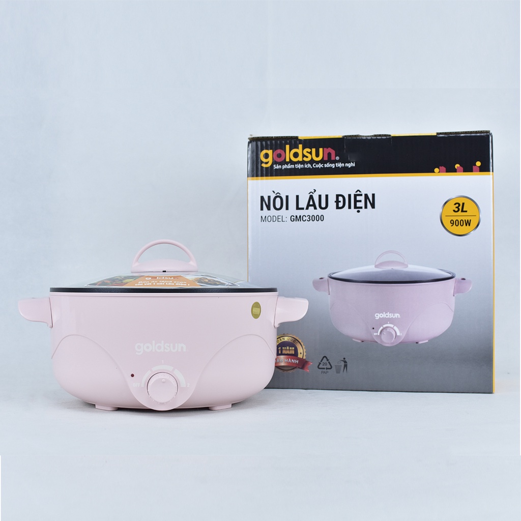 Nồi lẩu điện đa năng Goldsun GMC3000 dung tích 3L, công suất 900W - Nồi lấu điện điều chỉnh nhiệt độ, vung kính chịu lực