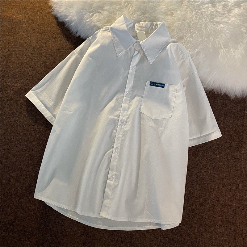 Áo Sơ Mi Tay Ngắn Dáng Rộng Màu Sắc Đơn Giản Phong Cách Retro Hàn Quốc