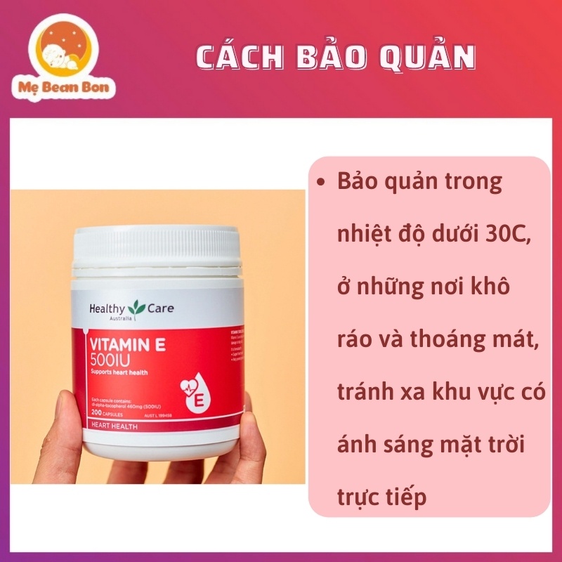 Vitamin E Heathycare 500IU 200 Viên Giúp Đẹp Da, Phục Hồi Da Cháy Nắng Lão Hoá Gíup Mượt Tóc Từ 12 Tuổi Mebeanbonshop
