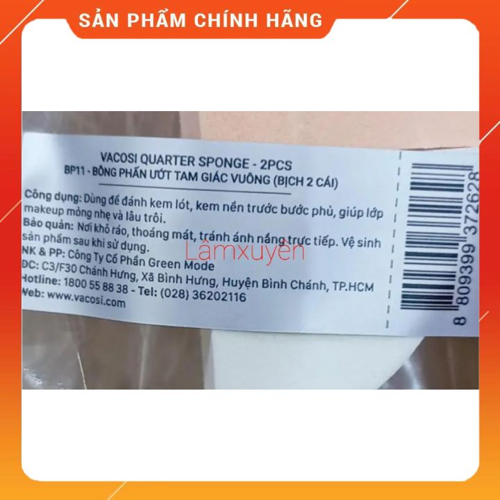 VACOSI QUARTER SPONGE 2PCS BP11_ Bông phấn tam giác vuông ( bịch 2 cái)  bông phấn mềm mịn, dễ tán, tiện lợi