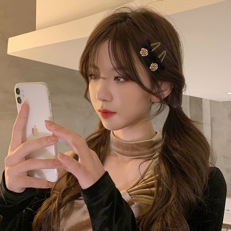 Kẹp tóc hình nơ họa tiết hoa hồng kiểu dáng Hàn Quốc cho nữ