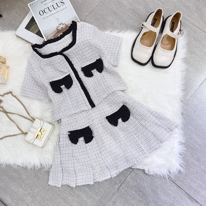 SET ÁO DẠ CARO NHÍ ĐÍNH NƠ ĐEN VIỀN REN ĐEN + CHÂN VÁY XẾP LY ĐÍNH NƠ ĐEN