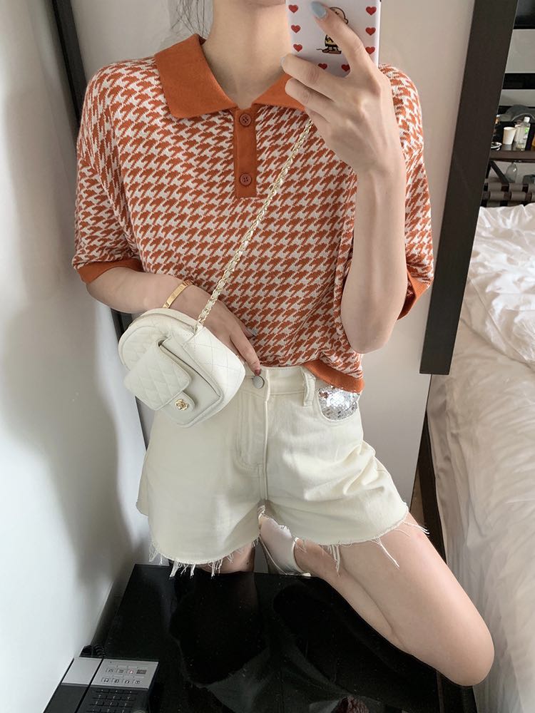 Áo thun dệt kim tay ngắn dáng rộng cổ polo họa tiết Houndstooth thiết kế trẻ trung cho nữ | BigBuy360 - bigbuy360.vn