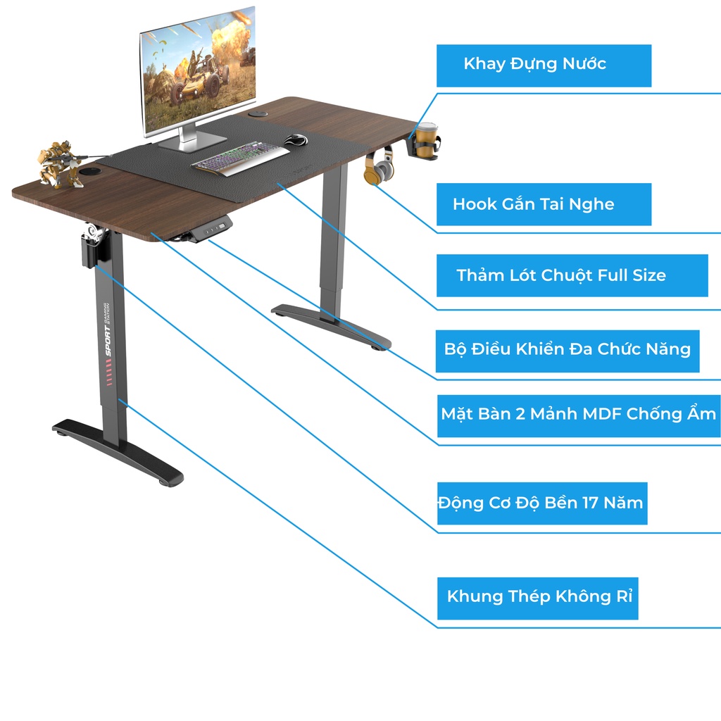 Bàn Nâng Hạ Chiều Cao iCockpit 1460. Bàn thông minh tăng giảm chiều cao tặng kèm hook để ly, móc tai nghe, thảm lót chột | BigBuy360 - bigbuy360.vn
