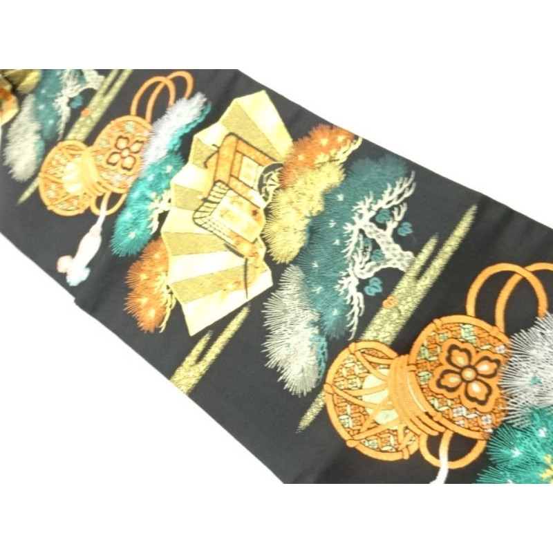 Trang phục truyền thống Nhật Bản/ Dây thắt lưng Nagoya Obi/Hoa văn cây tùng, xe kéo và quạt