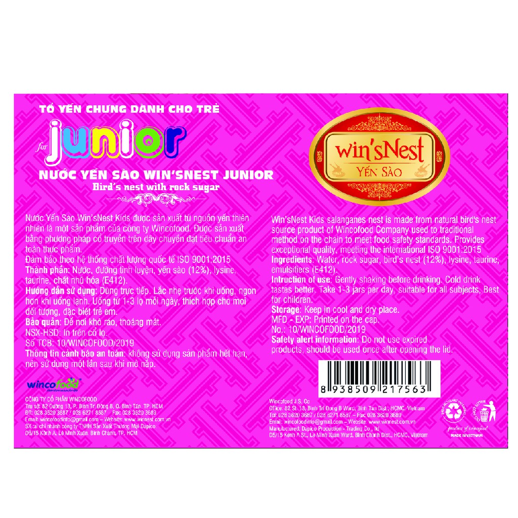 Nước yến sào win'sNest Junior 12%  thích hợp cho mọi đối tượng, đặc biệt trẻ em biếng ăn