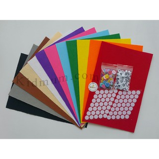 combo vải nỉ 12 màu 30*20 + 100 cúc nút nhiều màu, size + 120 mắt thú 6,8,10,14,18ly + 35 cặp gai dán tròn có keo