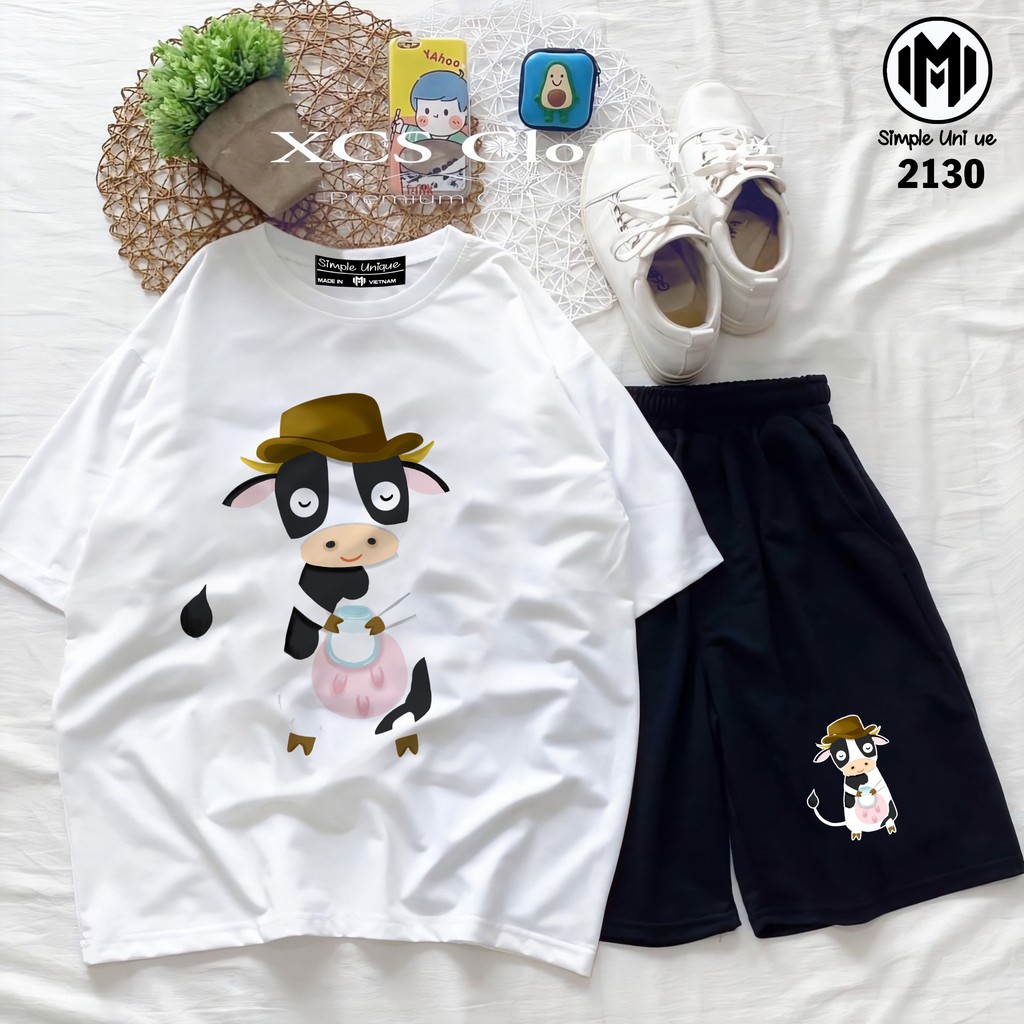 Đồ Bộ Hoạt Hình Unisex BÒ SỮA Set Cartoon, Freesize, Thun Cotton, Nam Nữ Đều Mặc Được