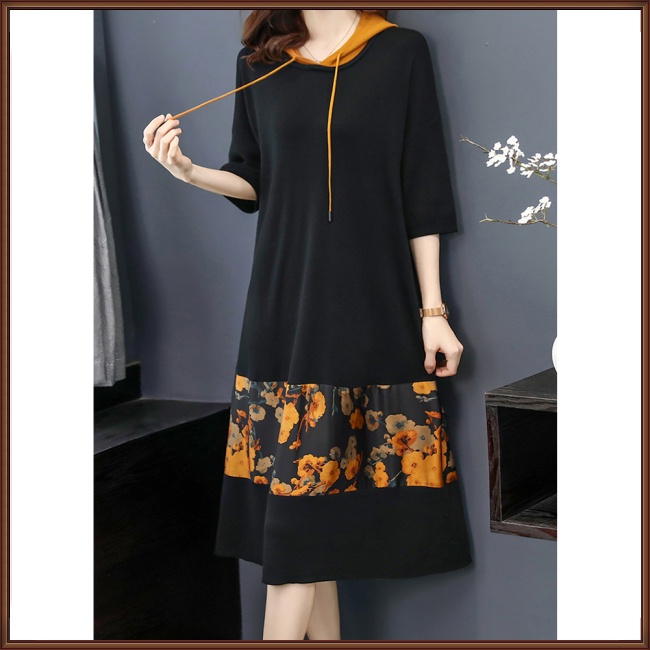 Đầm Hoodie Tay 3/4 Dáng Rộng In Họa Tiết Hoa Màu Tương Phản Thời Trang Cho Nữ