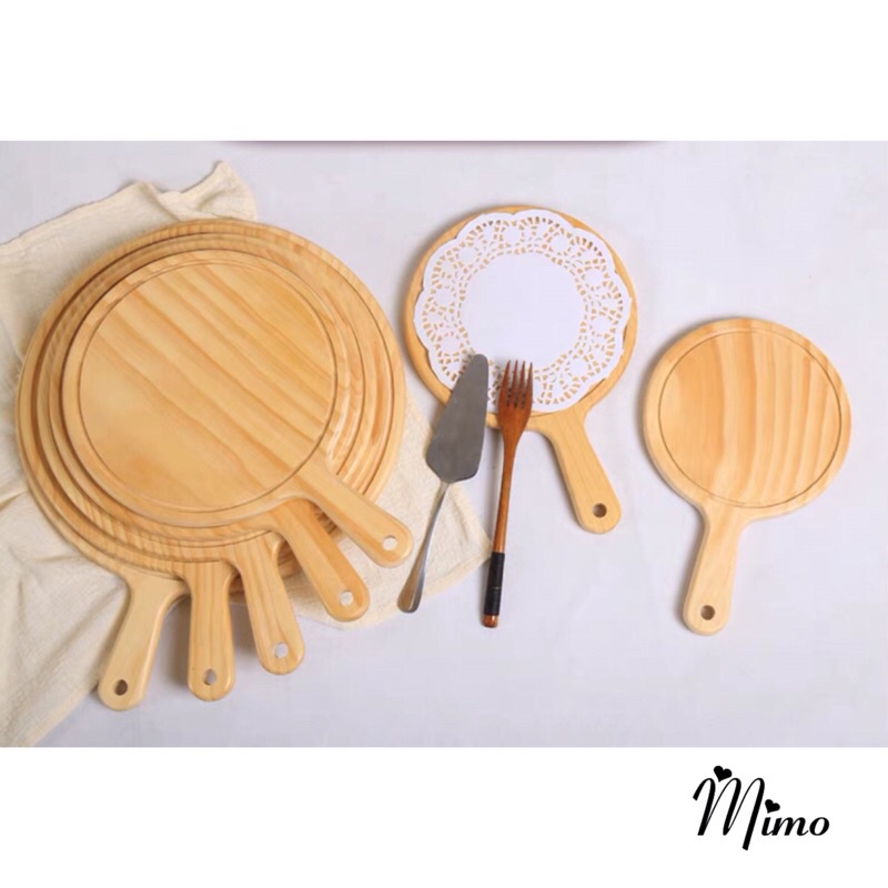 Thớt gỗ decor hình tròn có tay cầm phụ kiện trang trí, chụp ảnh, khay trà bánh, đựng pizza...2 kích thước lựa chọn