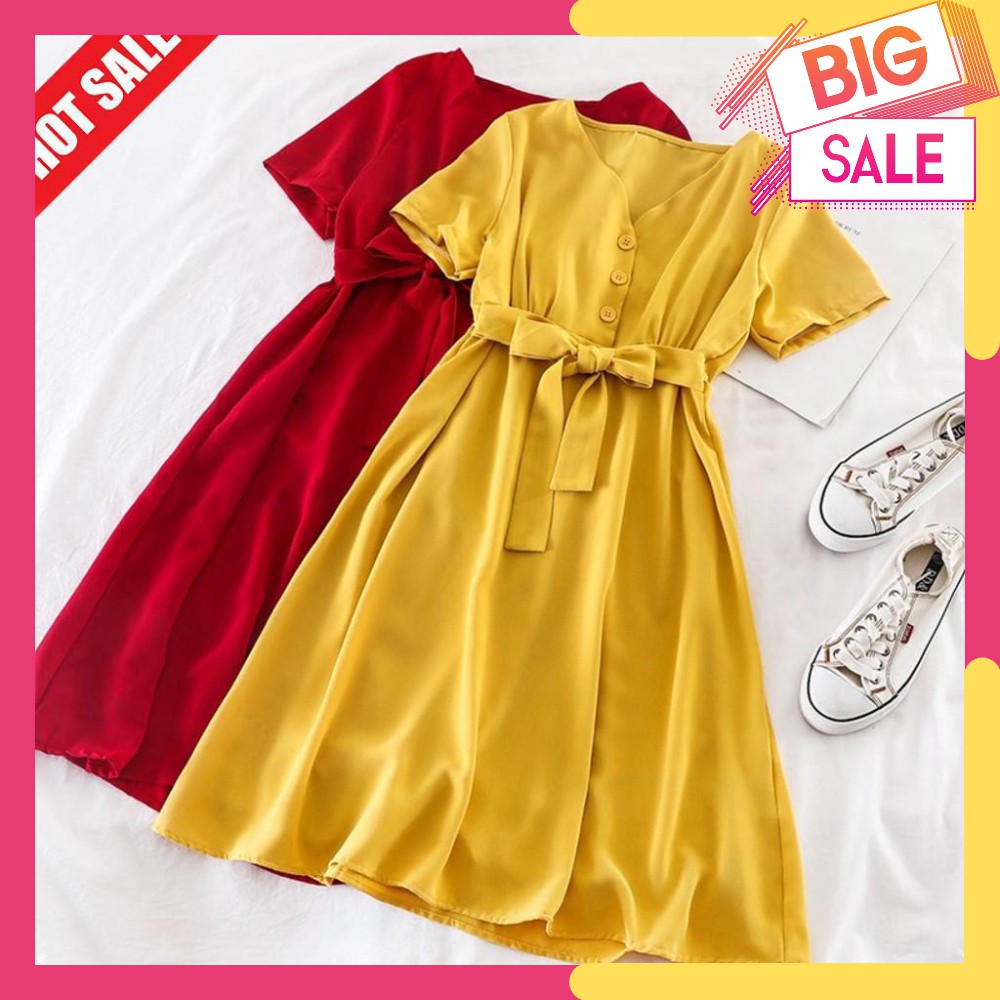 [Sale nghỉ bán] Đầm cổ tim nút bọc thắt nơ eo (có ảnh thật)