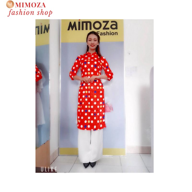 Áo Dài Nữ, Áo Cô Ba MIMOZA-ADCT0027 kiểu Cách Tân Cổ Trụ Tay lỡ, Mầu Đỏ Chấm Bi, Vải Gấm Sáng Bóng, Giặt không Phai Mầu.