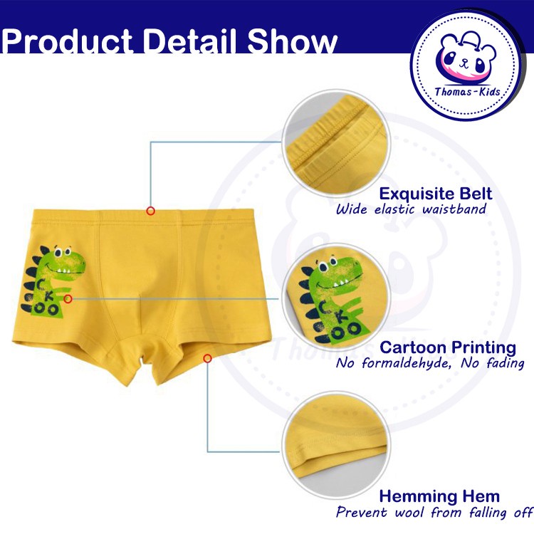 Set 5 Quần Lót Boxer Cotton In Họa Tiết Khủng Long Hoạt Hình Cho Bé Trai 3-12 Tuổi