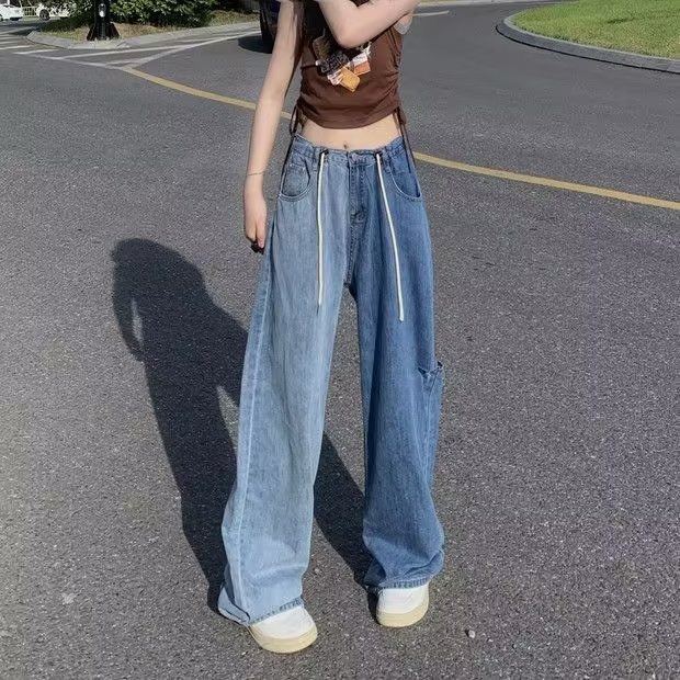 Daduhey Quần Jean Ống Rộng Lưng Cao Phối Dây Rút Màu Sắc Phong Cách Hàn Quốc Thời Trang Cho Nữ
