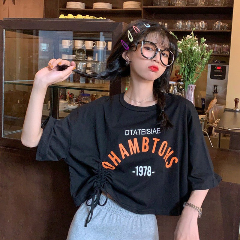 Áo Thun Ngắn Tay Cổ Tròn Dáng Rộng Phối Dây Rút Thời Trang Mùa Hè Cho Nữ