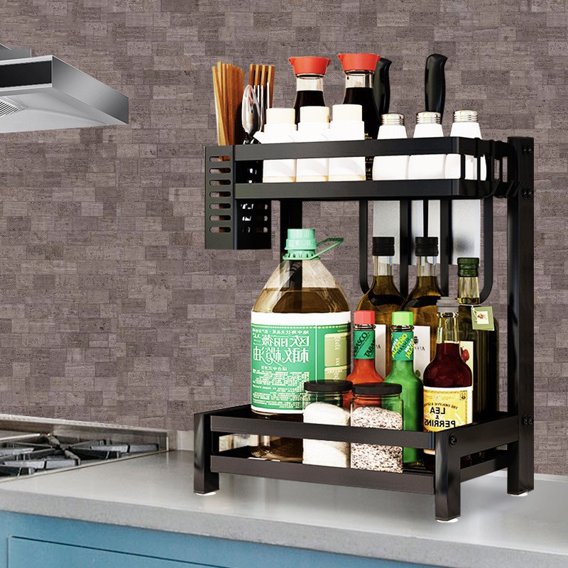 Kệ gia vị 2 tầng tiện ích đựng đồ dùng nhà bếp đa năng tiện dụng kèm vát dao bằng inox sơn tĩnh điện cao cấp - V20 | BigBuy360 - bigbuy360.vn