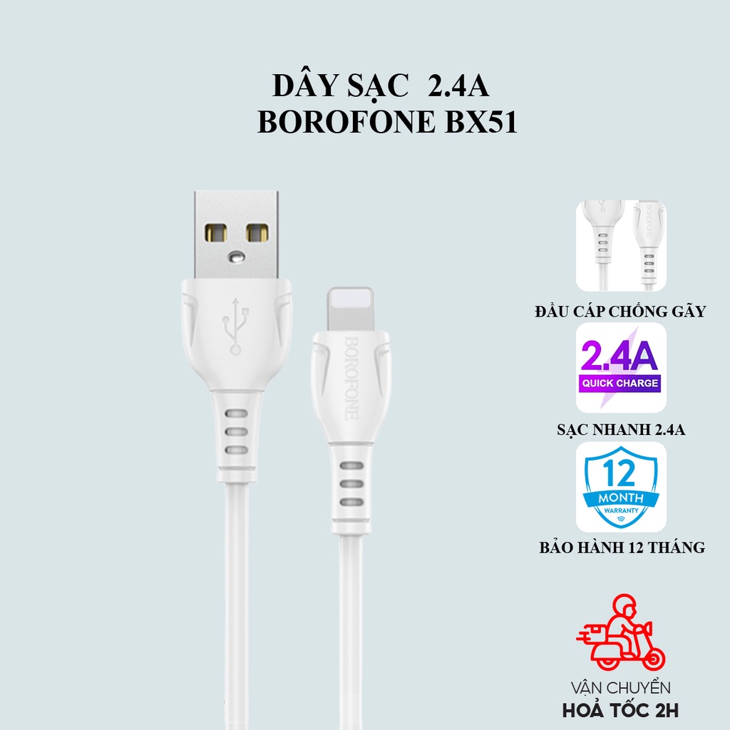 Dây Sạc Iphone Borofone Bx51, Dây Cáp Sạc Chống Đứt Gãy 2.4A Dài 1 Mét Cho Iphone/Android