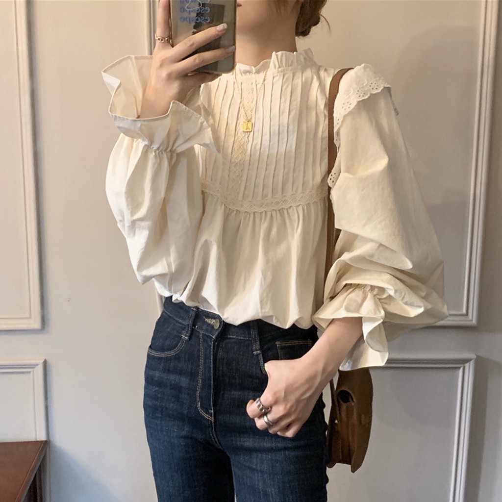 Áo babydoll cánh tiên dài tay, Kiểu áo sơ mi nữ tay bồng xếp ly dọc ngực phối ren -CKA139 | BigBuy360 - bigbuy360.vn