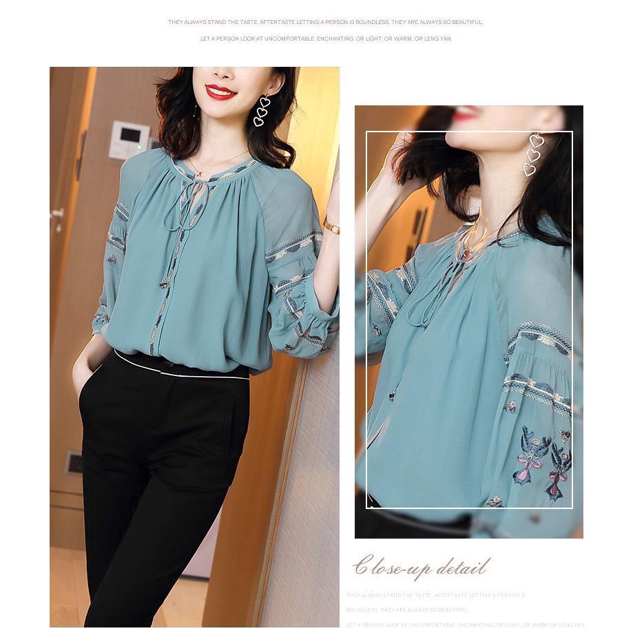 Chiffon  Shirt, Women's tops, 3/4 sleeved printing shirt, Temperament loose creative clothes, Size M-3XL, Blue, OL commute style【lyfs】