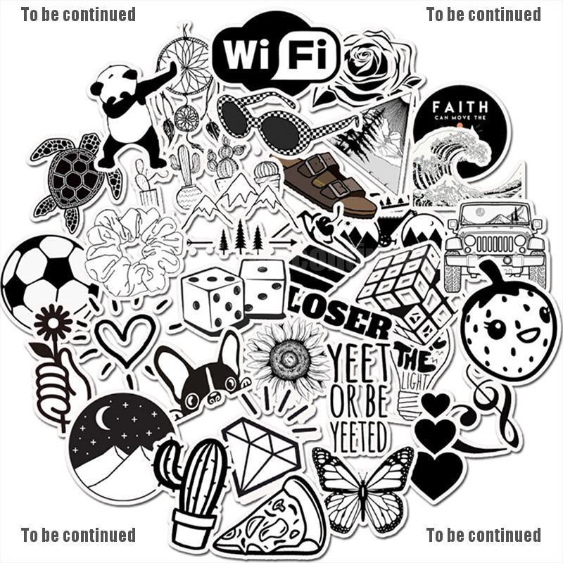 Bộ 50 miếng dán màu đen và trắng trang trí ván trượt / laptop / hành lý / guitar / xe đạp