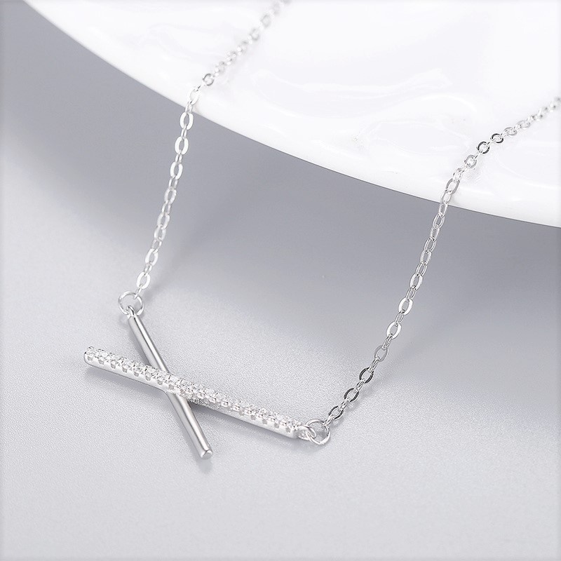 Dây chuyền bạc nữ cao cấp 2 thanh chéo Evasilver, Vòng cổ chất liệu bạc ta đính đá sang trọng nữ tính