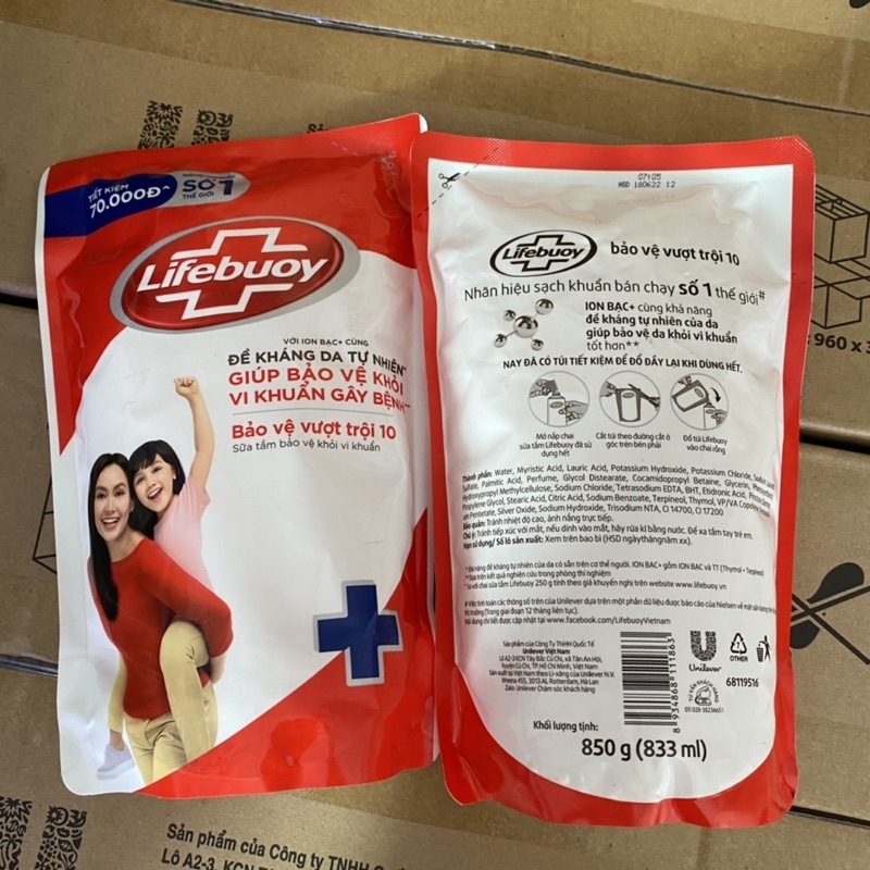 Sữa tắm Lifebuoy Bảo vệ vượt trội 10 (Đỏ) Túi 850ml