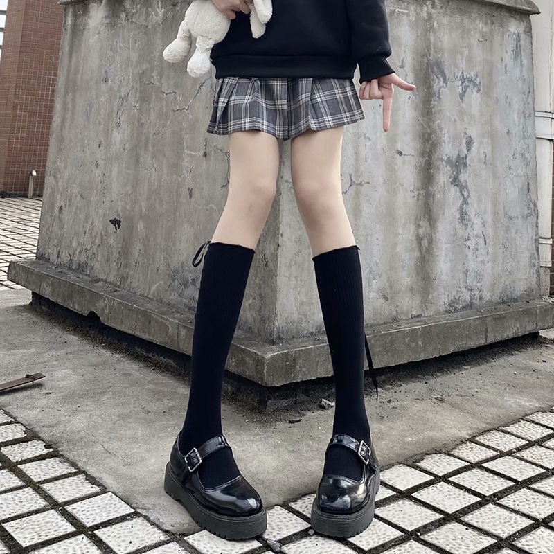 Jiashucheng Vớ Ống Lửng Phối Dây Chéo Màu Trắng Đen Phong Cách Lolita Dễ Thương Thời Trang Xuân Thu Cho Nữ