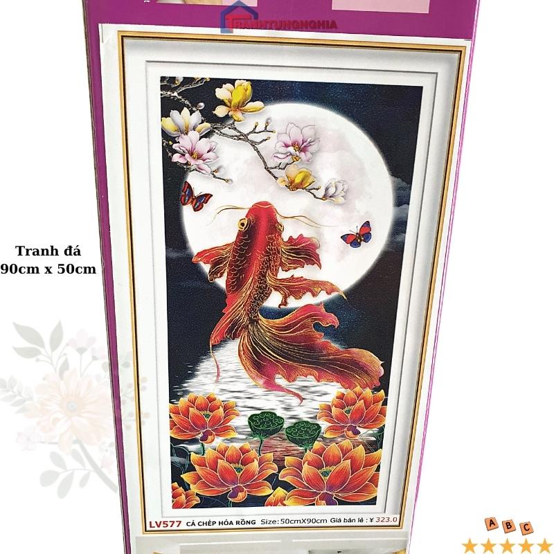 Tranh đính đá, tranh thêu chữ thập cá chép hóa rồng