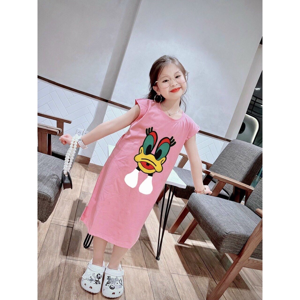 Đầm suông xẻ tà hình vịt SUN KID'S, Váy bé gái cute chất cotton size nhí cho bé từ 7 đến 18 kg