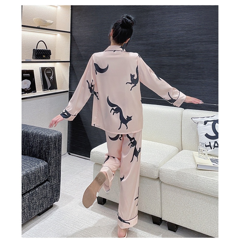 Bộ Đồ Ngủ Dài Tay Bằng Lụa Mát In Họa Tiết Cáo Thời Trang Dành Cho Nữ