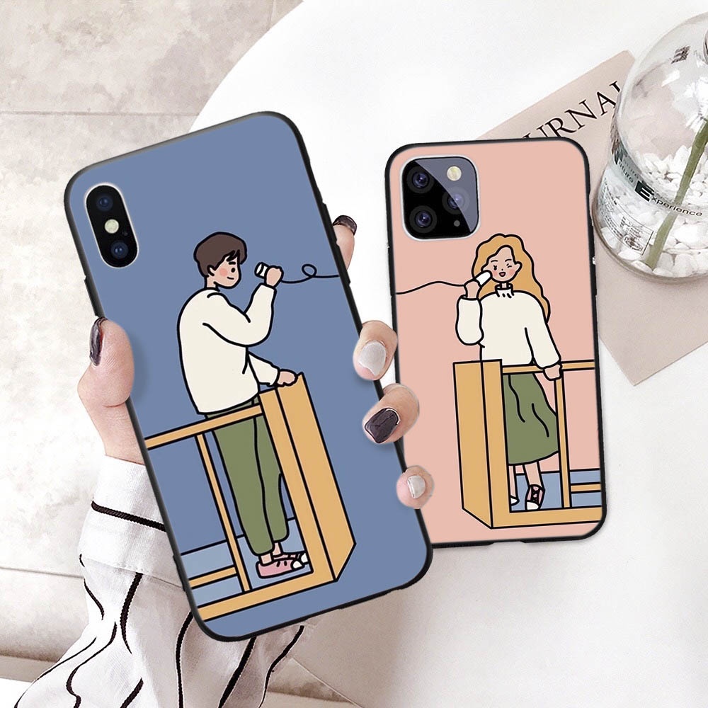 Ốp iphone in hình đôi nam nữ nghe điện thoại cho iphone 13 12 pro max mini 11 pro max X s max 6 s plus 7 8 plus