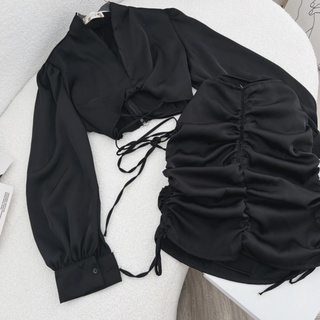 SET CROP ĐEN CỘT DÂY EO + CHÂN VÁY RÚT
