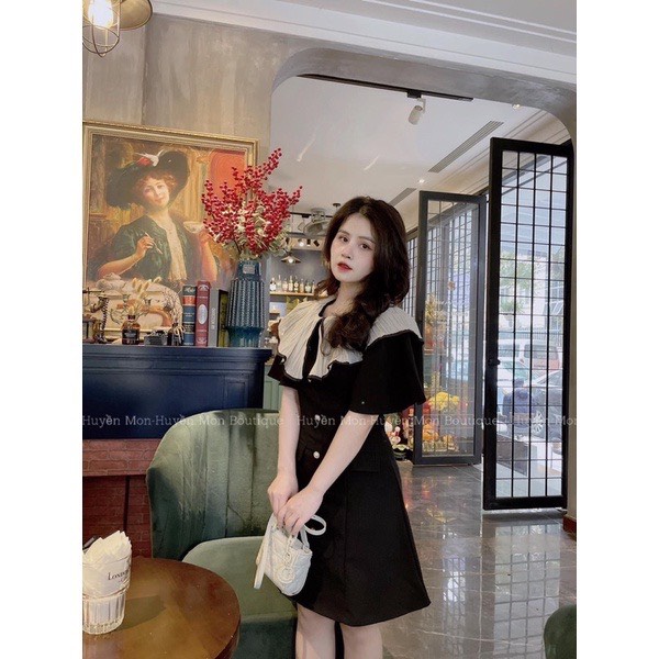 Váy nữ cổ bèo dáng váy chữ A vải tuyết mưa thiết kế khuy ngọc