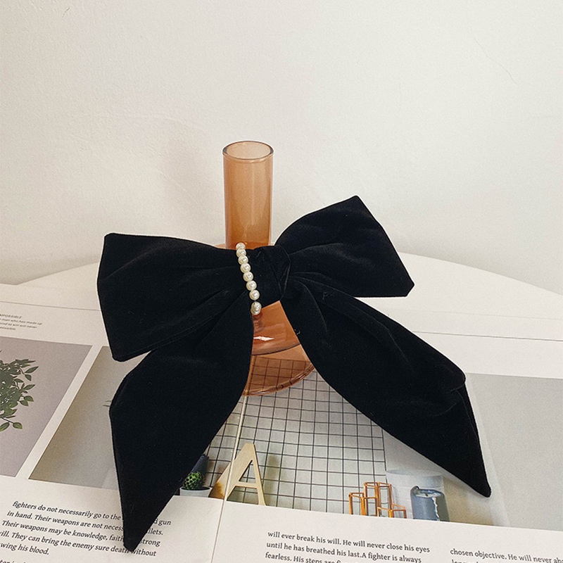 Kẹp Tóc Nơ Nhung Đen Đính Ngọc Trai Thời Trang