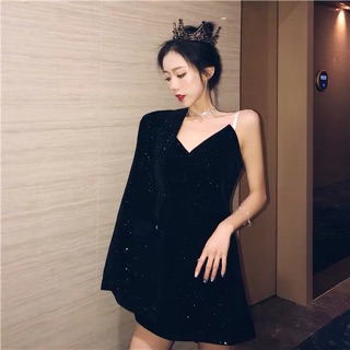 Set đầm + áo vest nhung đen cao cấp